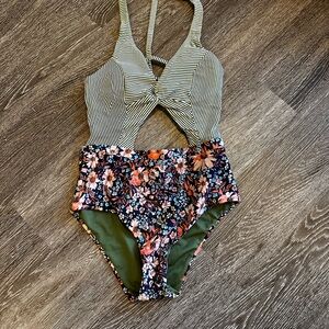 Striped and Floral One-Piece Swimsuit, Strappy Back, Size Small